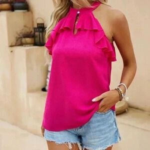 Pink boho Womens Ruffle Trim Halter Neck Blouse Top vacay cruise party